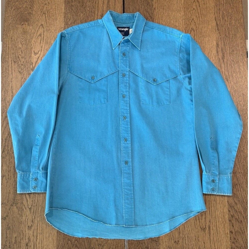 Vintage Wrangler Brushpopper X-Long Tails Western Shirt Mens L Turquoise Cape